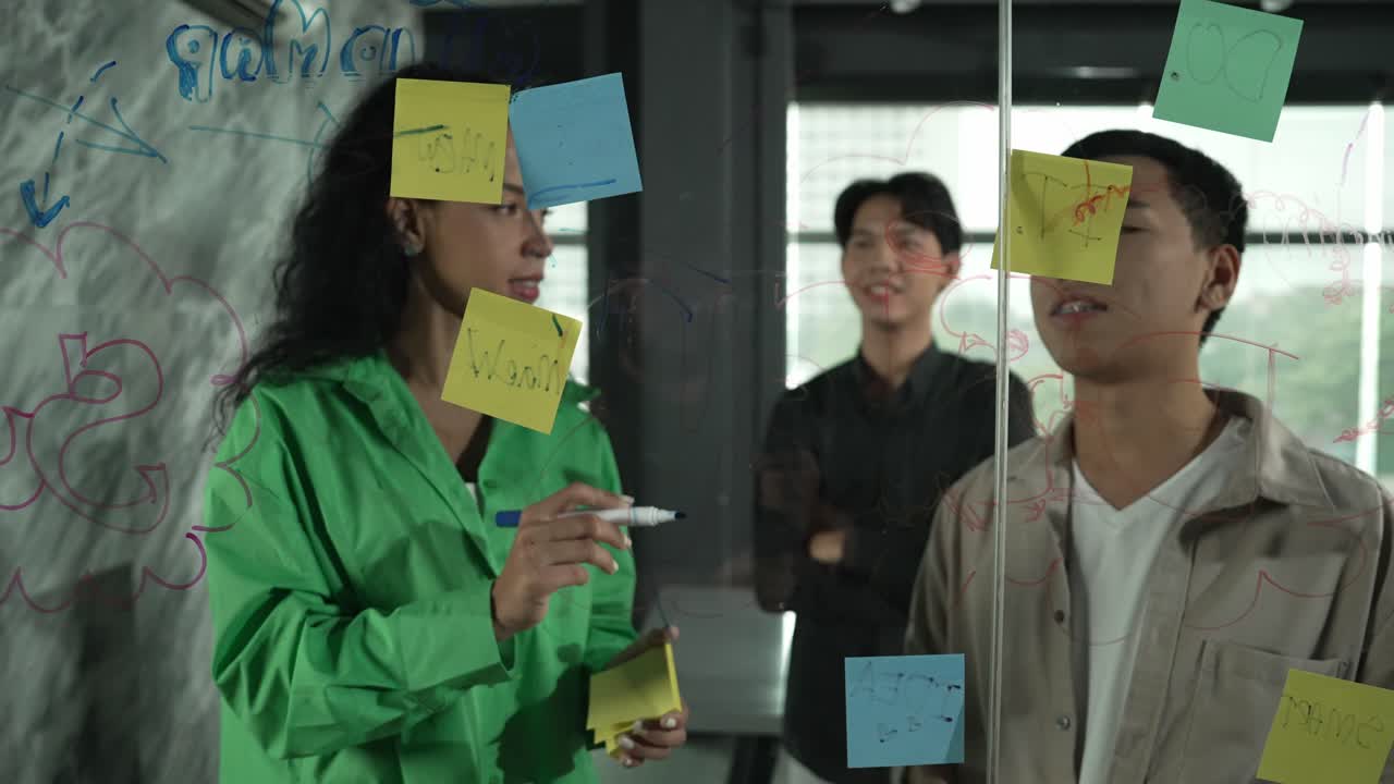 Hispanic employee present start up marketing idea to investor. Manipulator