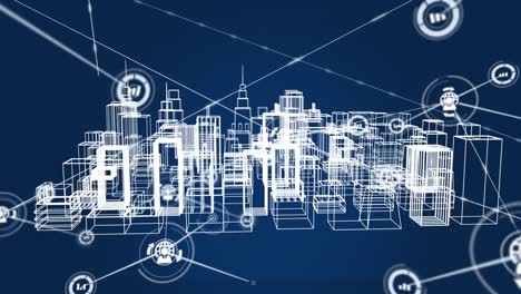 Animation-of-network-of-connections-over-metaverse-cityscape-on-dark-blue-background