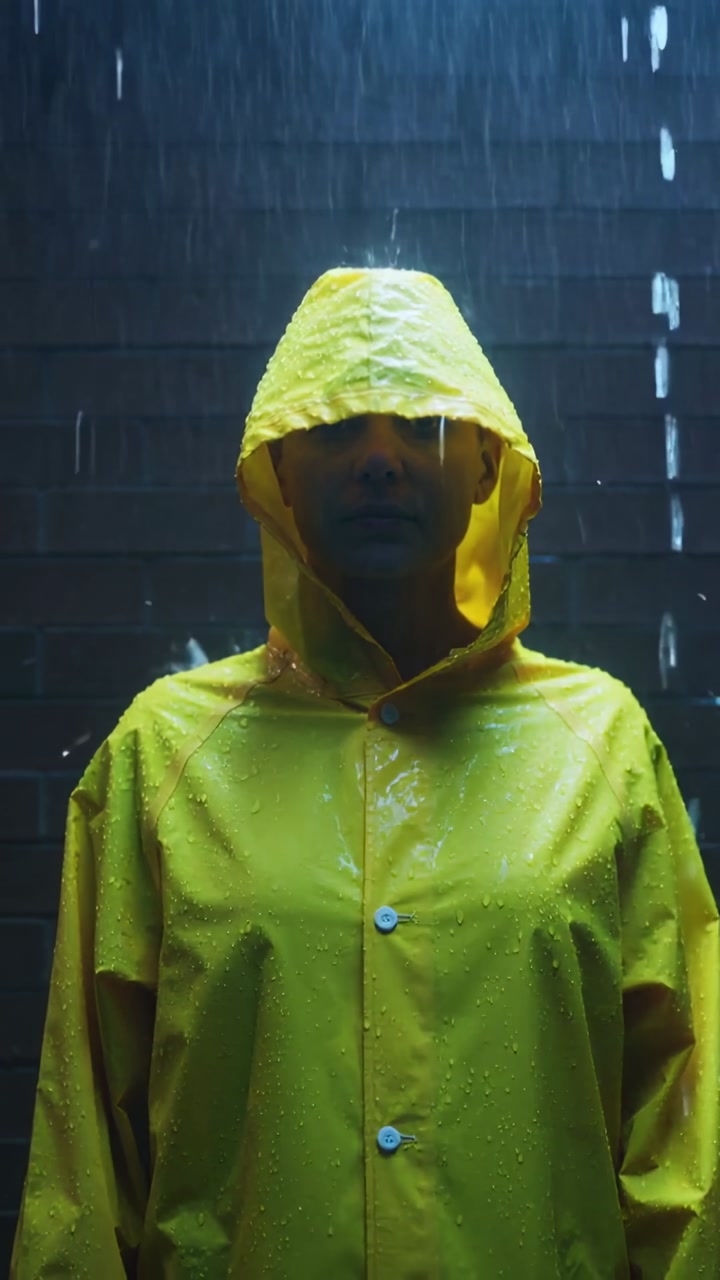 Vertical video: Facing man in hooded yellow coat taking rain at brick wall, forming rivulets