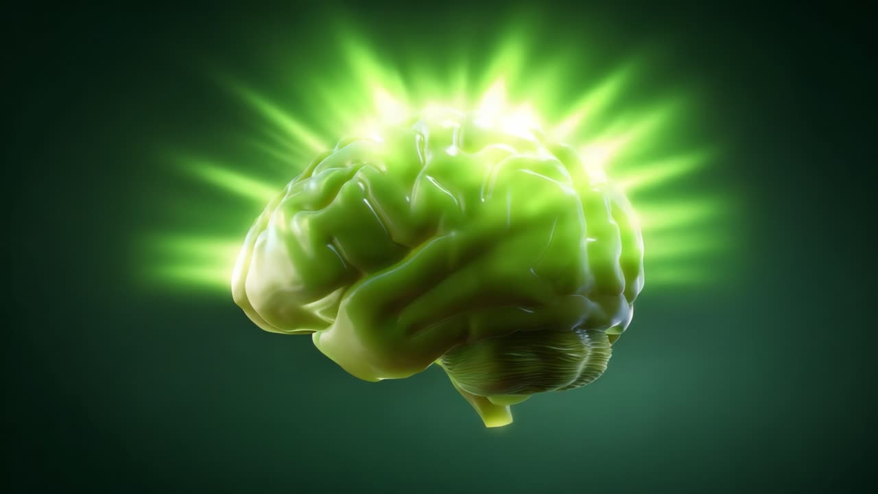 A Vibrant Green Brain Radiating Energy and Light, Symbolizing Intelligence, Creativity, and Mental Activity in a Striking Visual Presentation