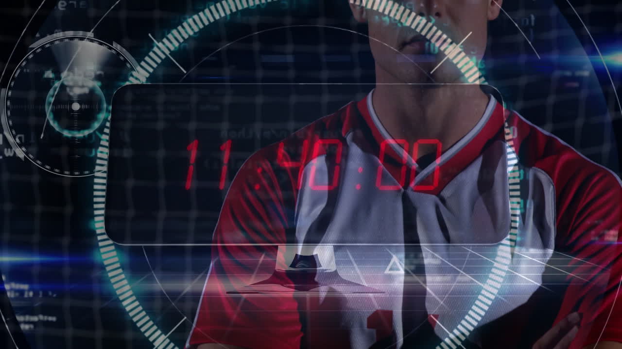 Animation of digital countdown timer overlaying soccer player in red and white jersey