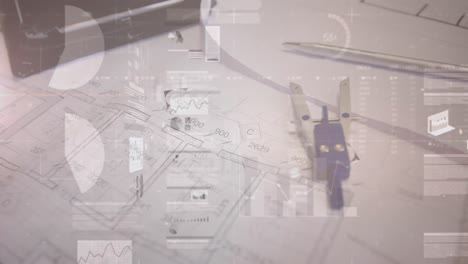 animación de estadísticas y procesamiento de datos financieros sobre planes de arquitectos y brújula