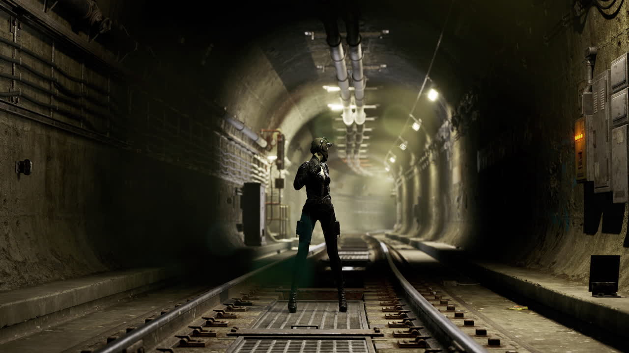 Mysterious figure stands on subway tracks in dimly lit tunnel at night
