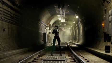 mysterious figure stands on subway tracks in dimly lit tunnel at night