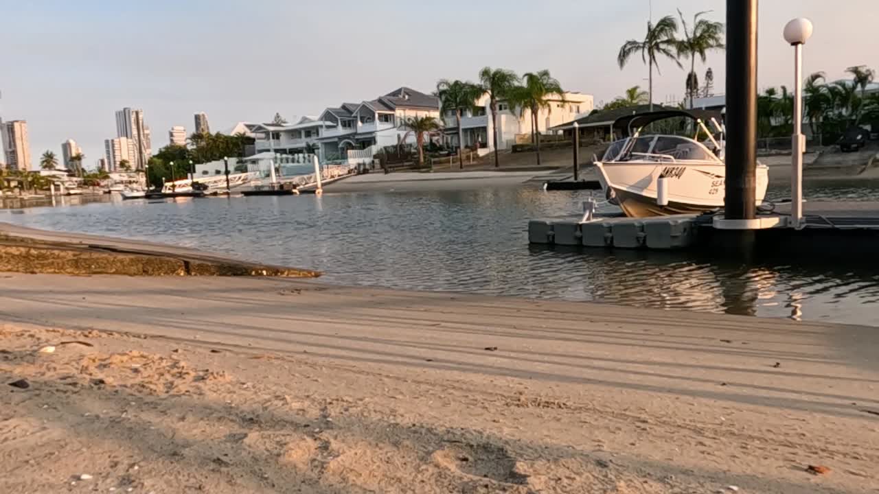 Pájaro volando sobre una playa de arena cerca de barcos