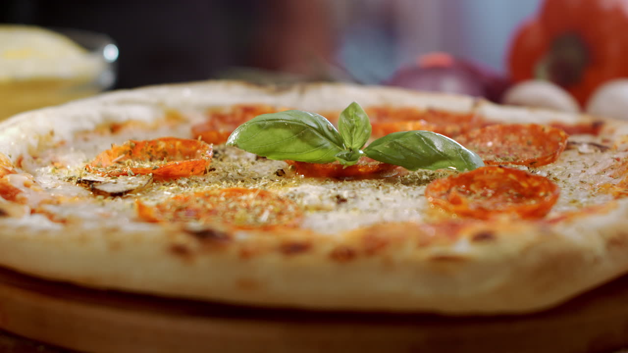 Close-up of a Pizza with Basil