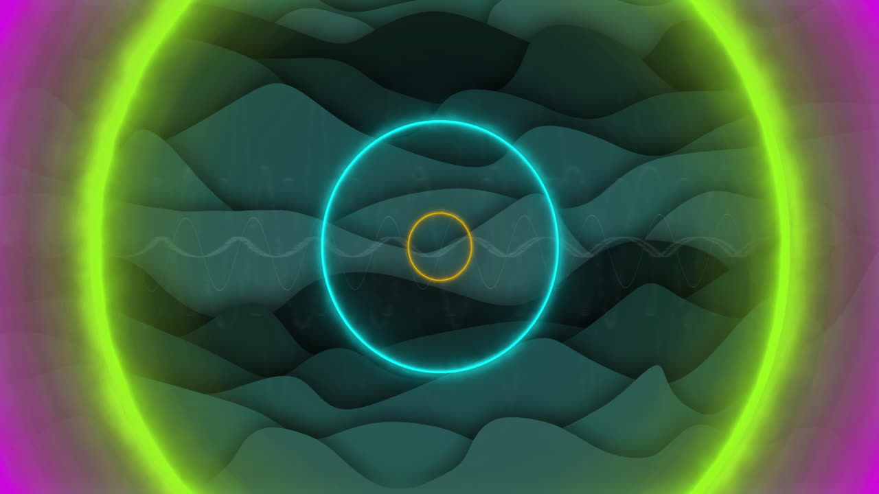 Glowing concentric circles and waves over abstract green and yellow animation