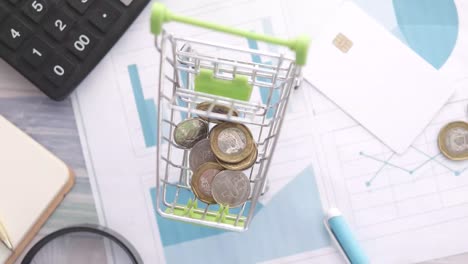 carrito de compras lleno de monedas en documentos financieros