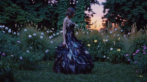 woman in a feather gown at sunset in a garden