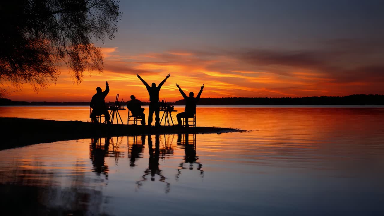 Group of Friends Celebrating Joyfully by the Lake at Sunset, Silhouetted Against a Vibrant Orange and Purple Sky Reflecting on the Water's Surface