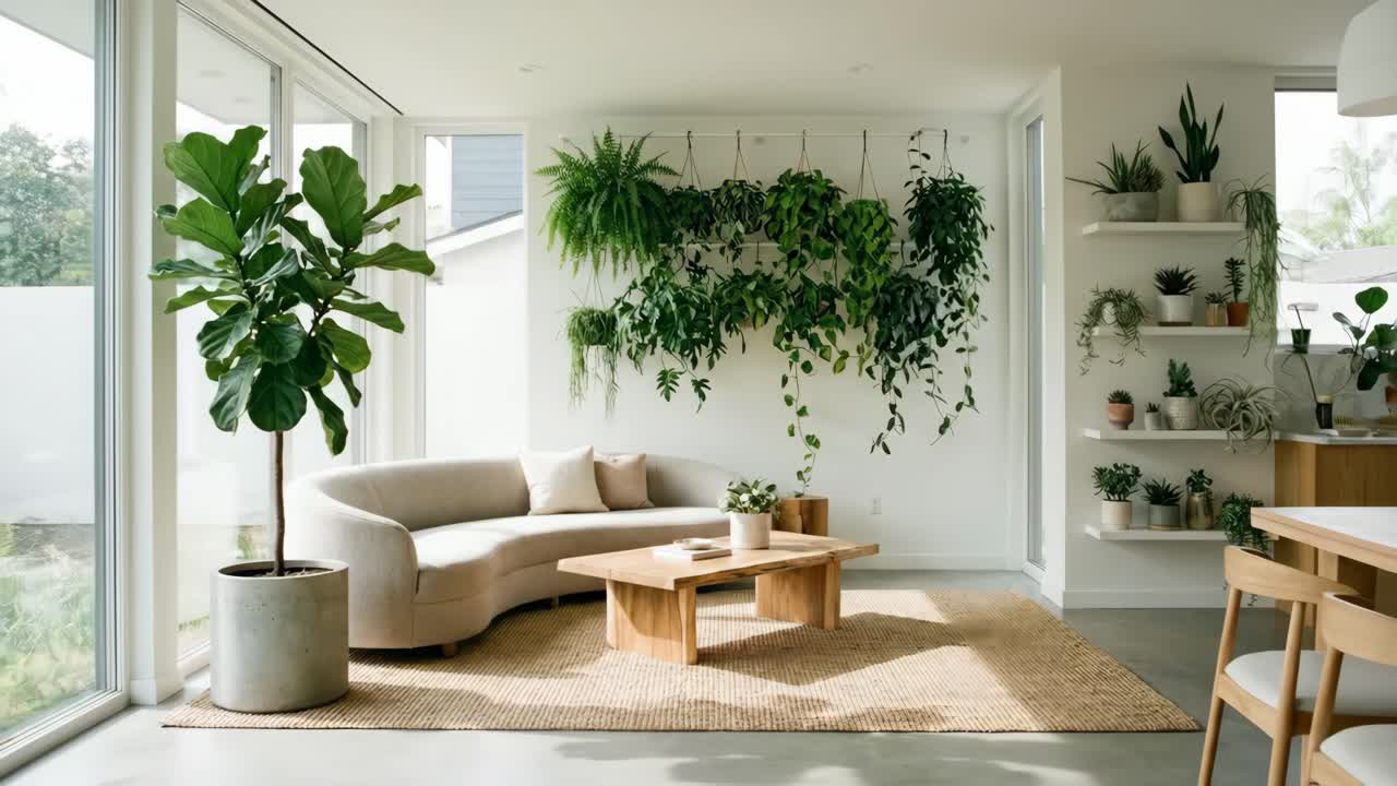 Sala de Estar Iluminada e Tranquila com Design de Interiores Biofílico