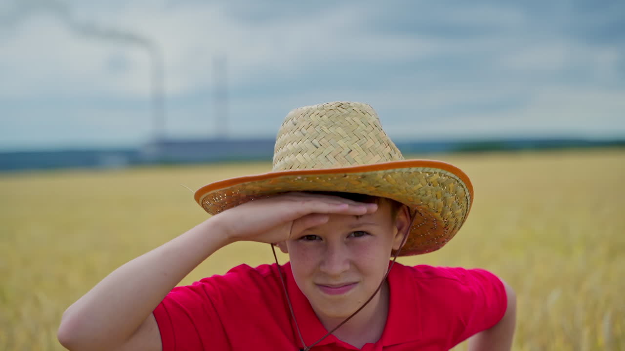 Boy resting on wheat field. Boy in straw hat standing in wheat field