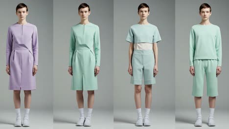 a stylish showcase of contemporary fashion: two frames highlighting minimalist designs in soft colors with a focus on pastel outfits and modern cuts