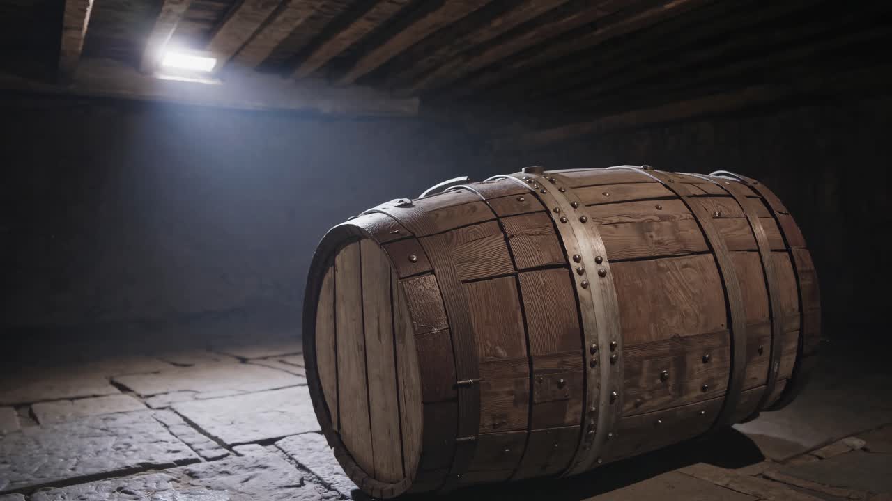 Rustic wooden barrel in a dimly lit cellar, captured from a low angle