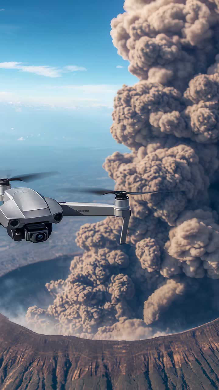 Vertical video: Hovering quadcopter gimbal filming eruption over rim, ash plume rising, copy space