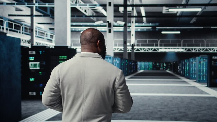 Video verticale Amministratore che cammina in una struttura di data center ad alta tecnologia, che controlla le apparecchiature