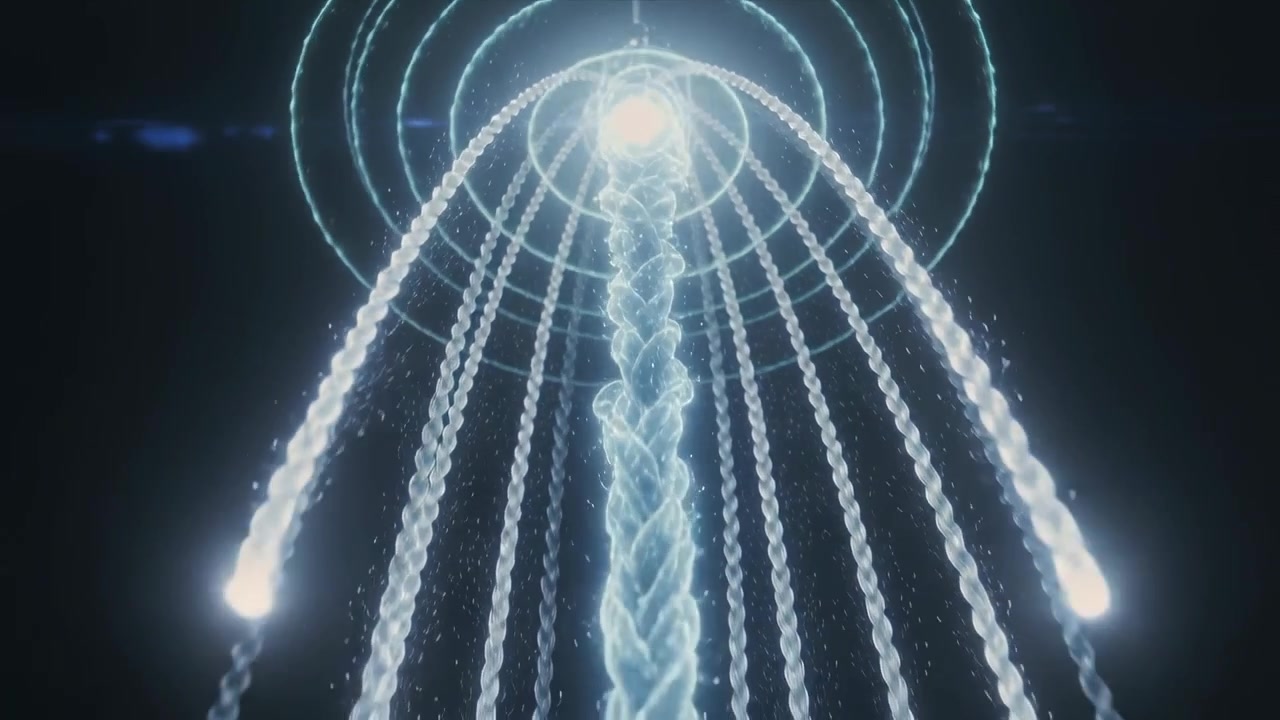 Pulsing central orb emitting rings and extending strands down in dark void, forming braided column