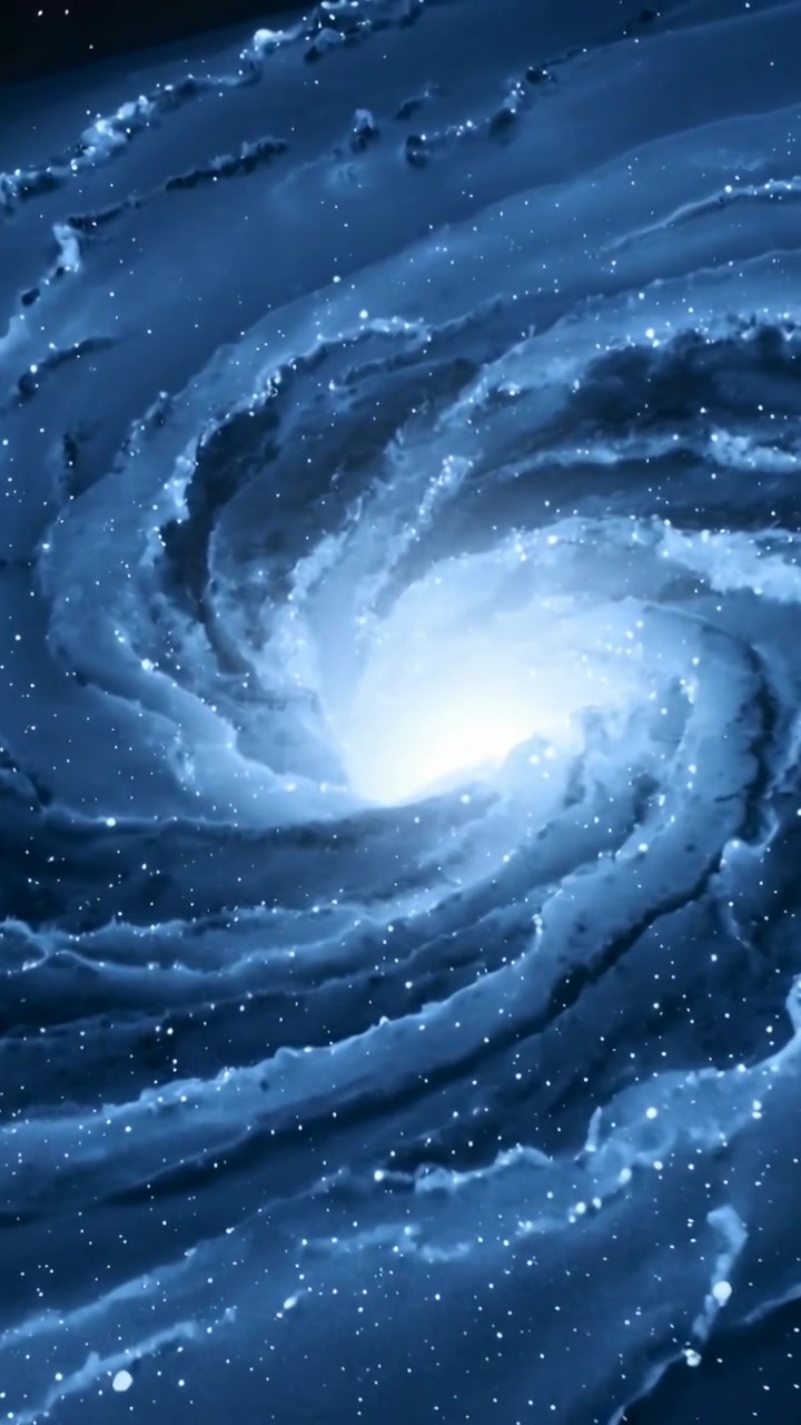 Video verticale: Galassia a spirale che vortica dopo che il nucleo pulsa, bracci che si attorcigliano e polvere che si sposta nello spazio.