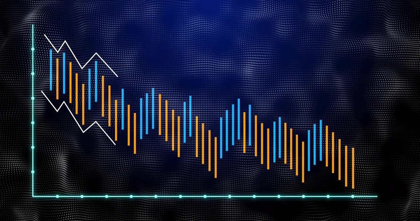 Cyan axes appearing orange-blue bars emerging shifting right, arrows tracing descending trendline