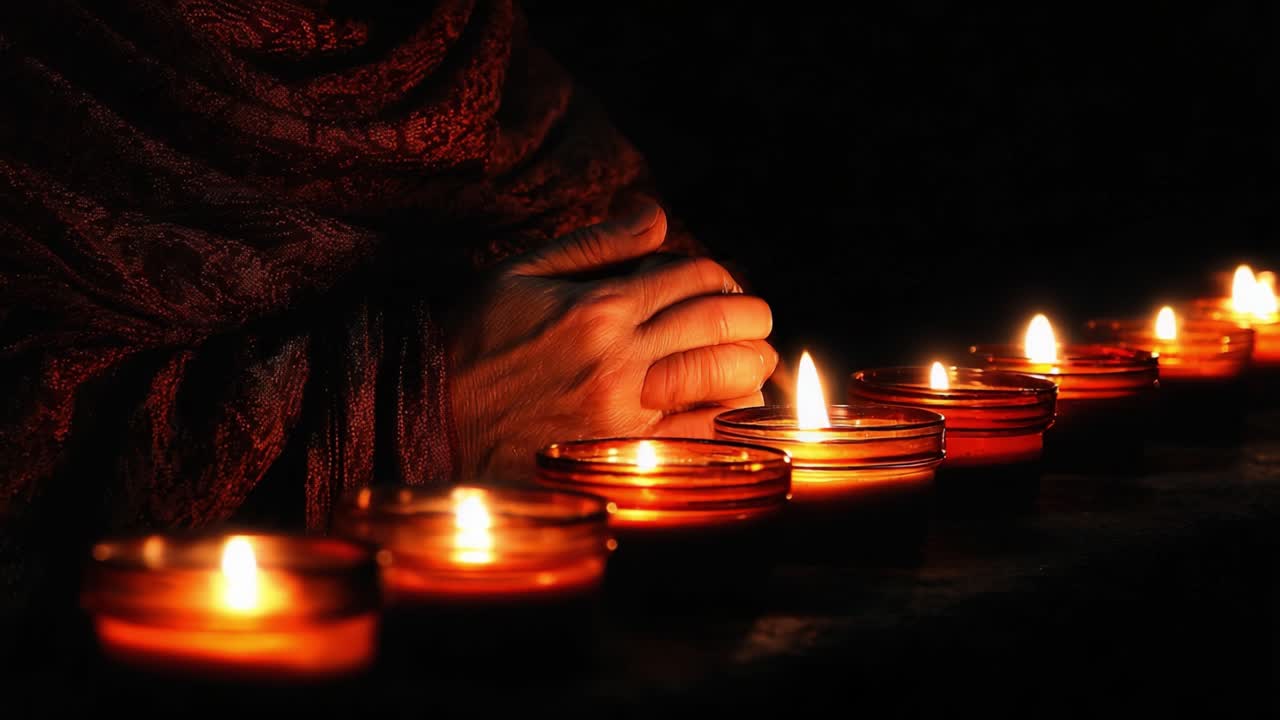 A Serene Moment of Reflection and Inner Peace: Hands in Contemplation Close to Flickering Candles Creating a Tranquil Atmosphere of Light and Surrender
