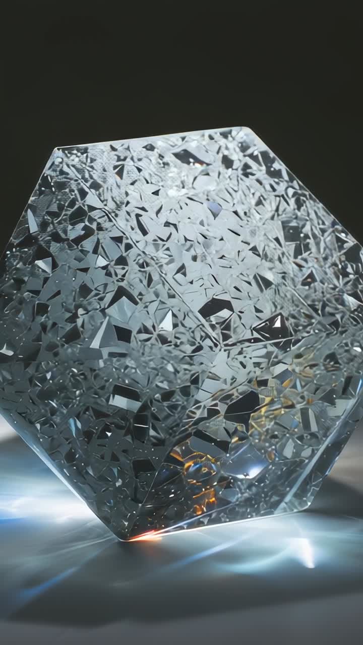 Vertical video: Rotating faceted crystal responding to warm glow on glass stage with cool light