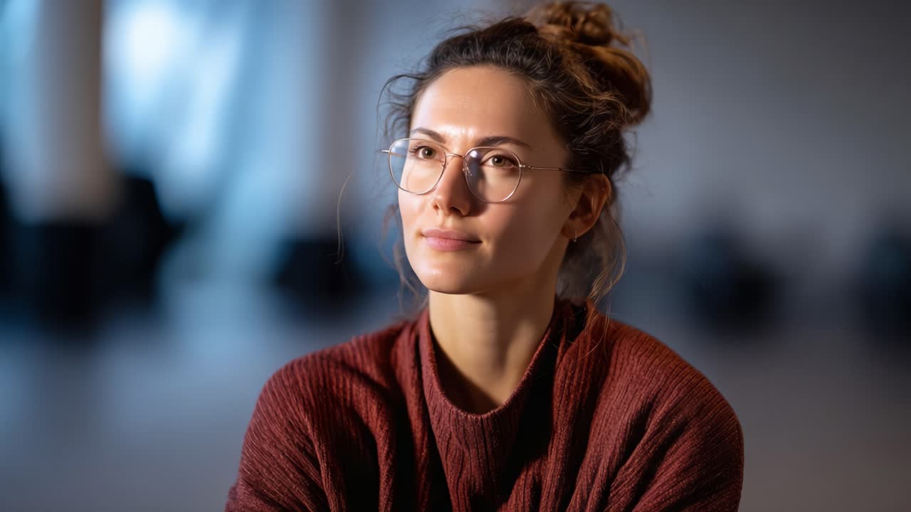Una mujer en contemplación: Una mirada íntima a la calma y la reflexión resaltada por una iluminación suave y profundidad emocional en un entorno minimalista.