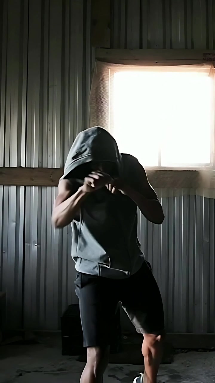 Video verticale: Un uomo adulto inizia in posizione curva, facendo shadowboxing per allenamento in un capannone di metallo, aggiustandosi il cappuccio.
