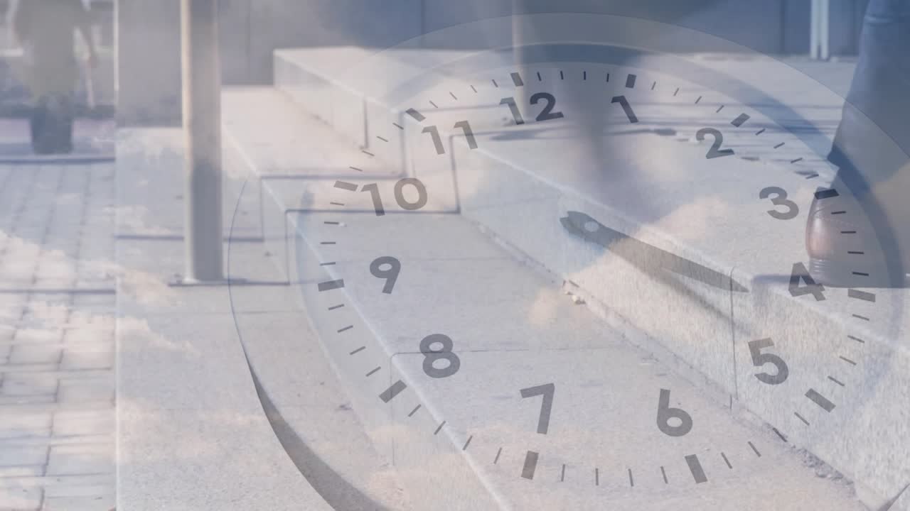 Animation of clock moving over people walking