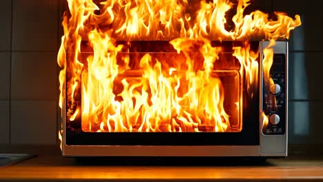 un horno de microondas con llamas saliendo de él en un mostrador