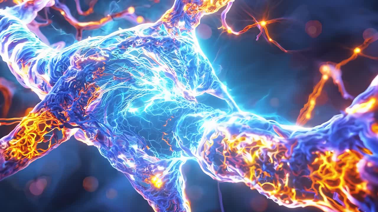 A blue and red nerve cell with a purple stem. The cell is glowing and he is alive
