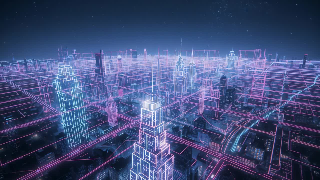 Initiating camera capturing neon skyscrapers once nightfall, with magenta cyan grid streets