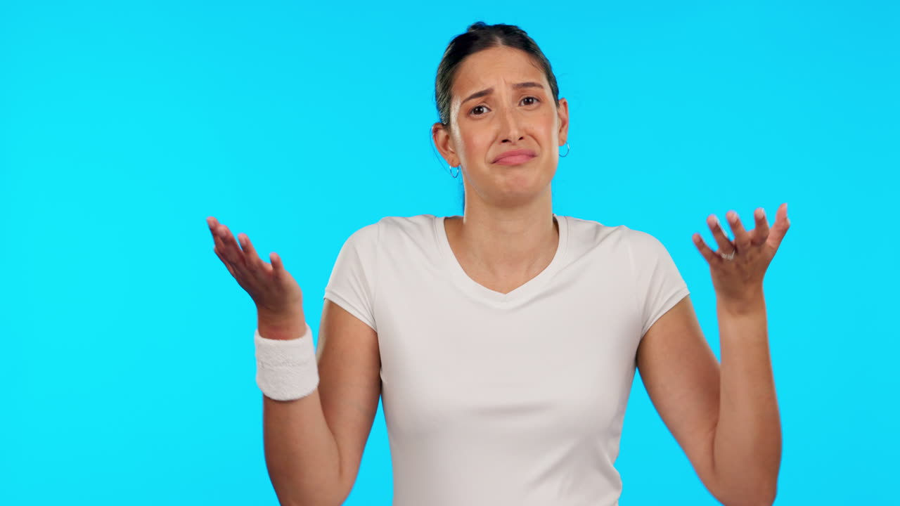 Confused, face and woman shrug in studio