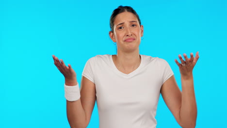 confused, face and woman shrug in studio