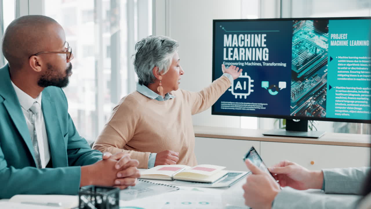 Business meeting discussing machine learning and AI