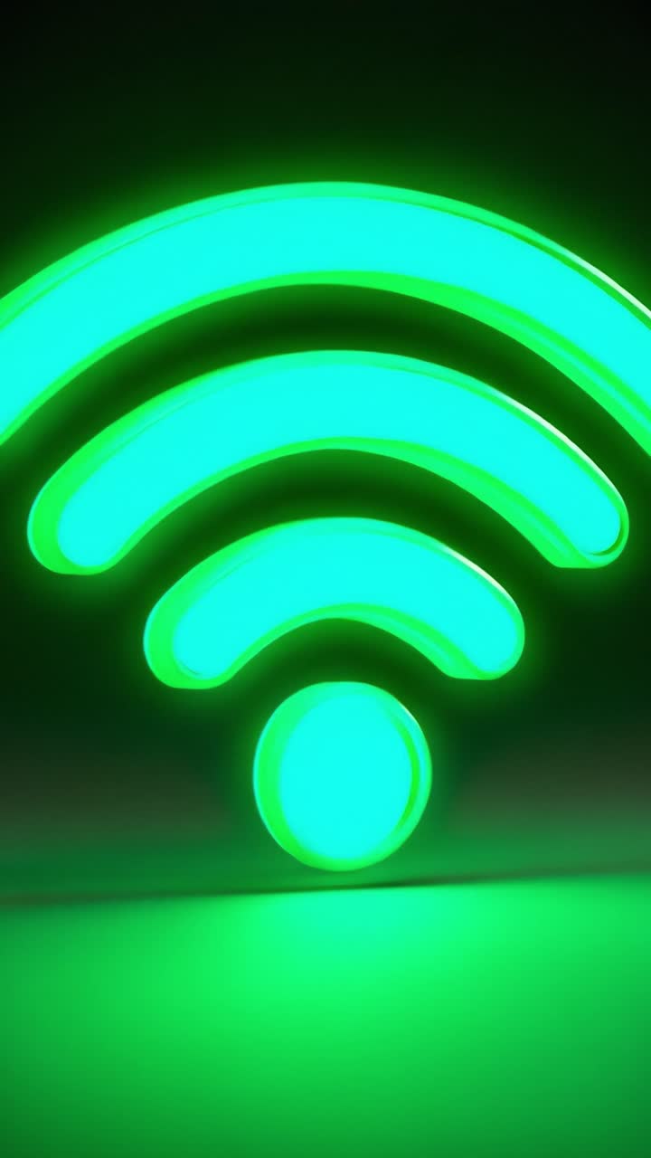 Un simbolo Wi-Fi verde vibrante che mostra una forte potenza del segnale, illuminando la connettività e la tecnologia moderna con il suo design luminoso.