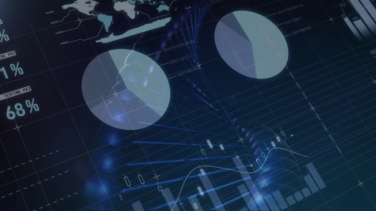 animación del procesamiento de datos financieros sobre la cadena de adn en fondo negro