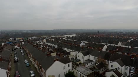 aerial footage of terrace housing in one of stoke on trents poorer areas, poverty and urban decline