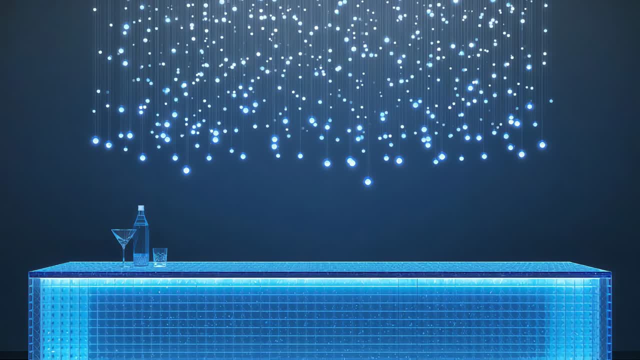 Opening frame showing lit bar, hung LEDs cycling and lowering in studio, creating stars with bottle