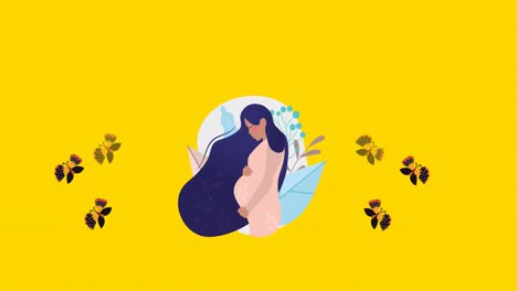 Animation-of-pregnant-woman-and-butterflies-moving-in-hypnotic-motion-on-yellow-background