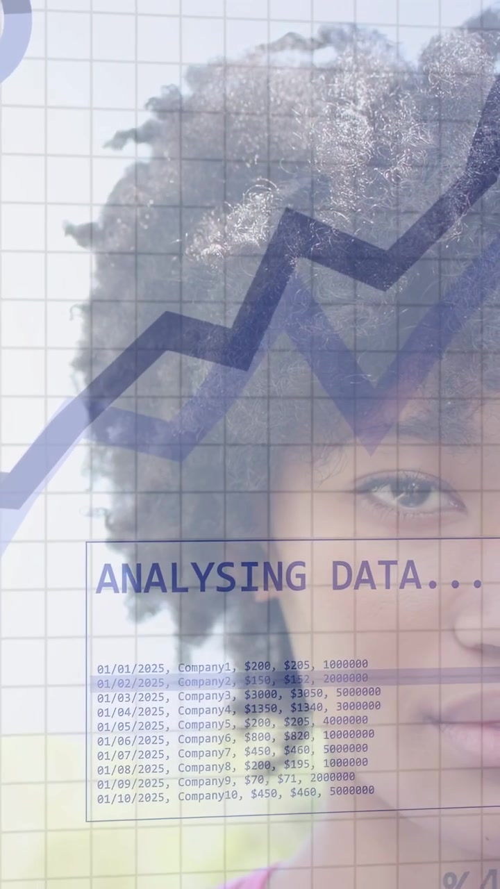 Vertical video: Woman holding steady while faint charts appearing over face, showing business data