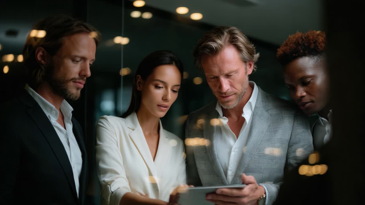 A group of four professionals engaged in a serious discussion while reviewing content on a tablet, showcasing collaboration, focus, and modern work dynamics in a contemporary office environment