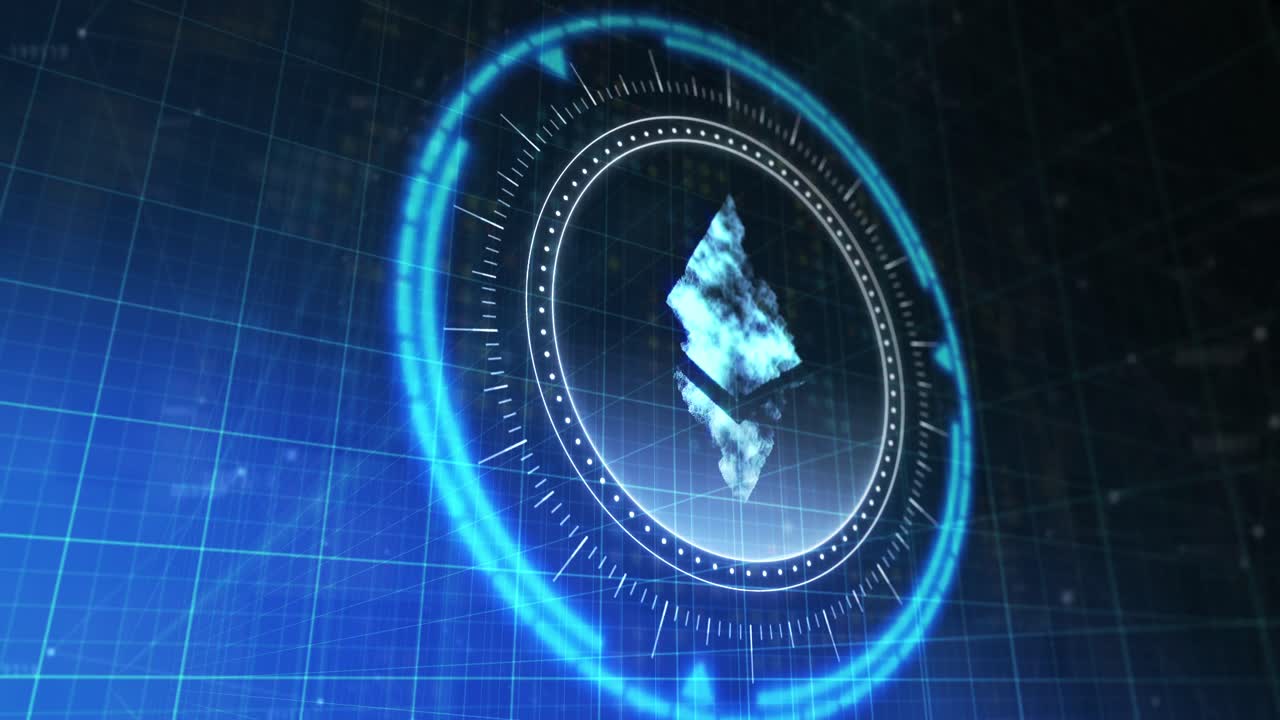 animación del círculo de procesamiento con diamante giratorio sobre el espacio digital azul y negro