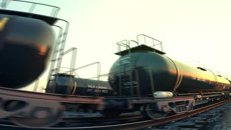 Endlosschleifenanimation-Eines-Kesselwagens-Bei-Sonnenuntergang.-Helle-Sonne-Spiegelte-Sich-Auf-Der-Wagenoberfläche.-Schwere-Metallwagen-Werden-Für-Den-Transport-Flüssiger-Chemikalien-Wie-Benzin-Verwendet.