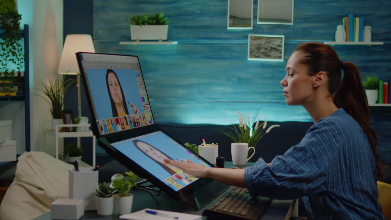 Retouch specialist using image editing software at photography studio