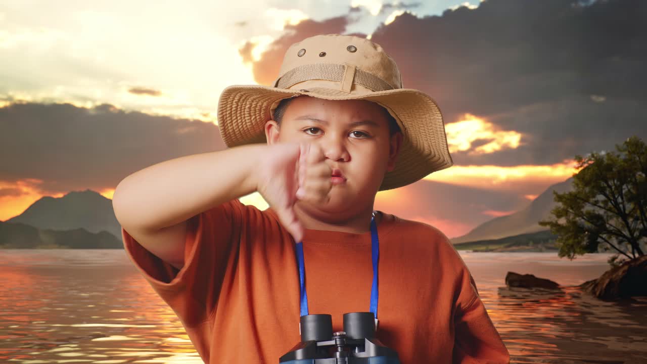 Disappointed Explorer Boy at Sunset