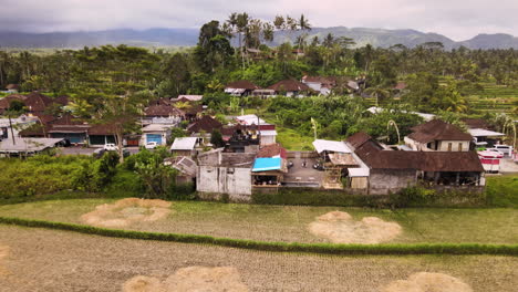 Ländliche-Gebäude-In-Der-Nähe-Der-Reisfelder-Mit-Haufen-Trockenem-Stroh-Bei-Tageslicht-In-Bali,-Indonesien