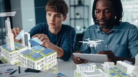 innovative collaboration in sustainable architecture: two designers utilizing augmented reality to enhance building concepts with solar technology and drone integration