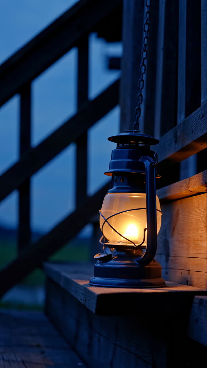 Vintage lantern illuminating a wooden porch at dusk