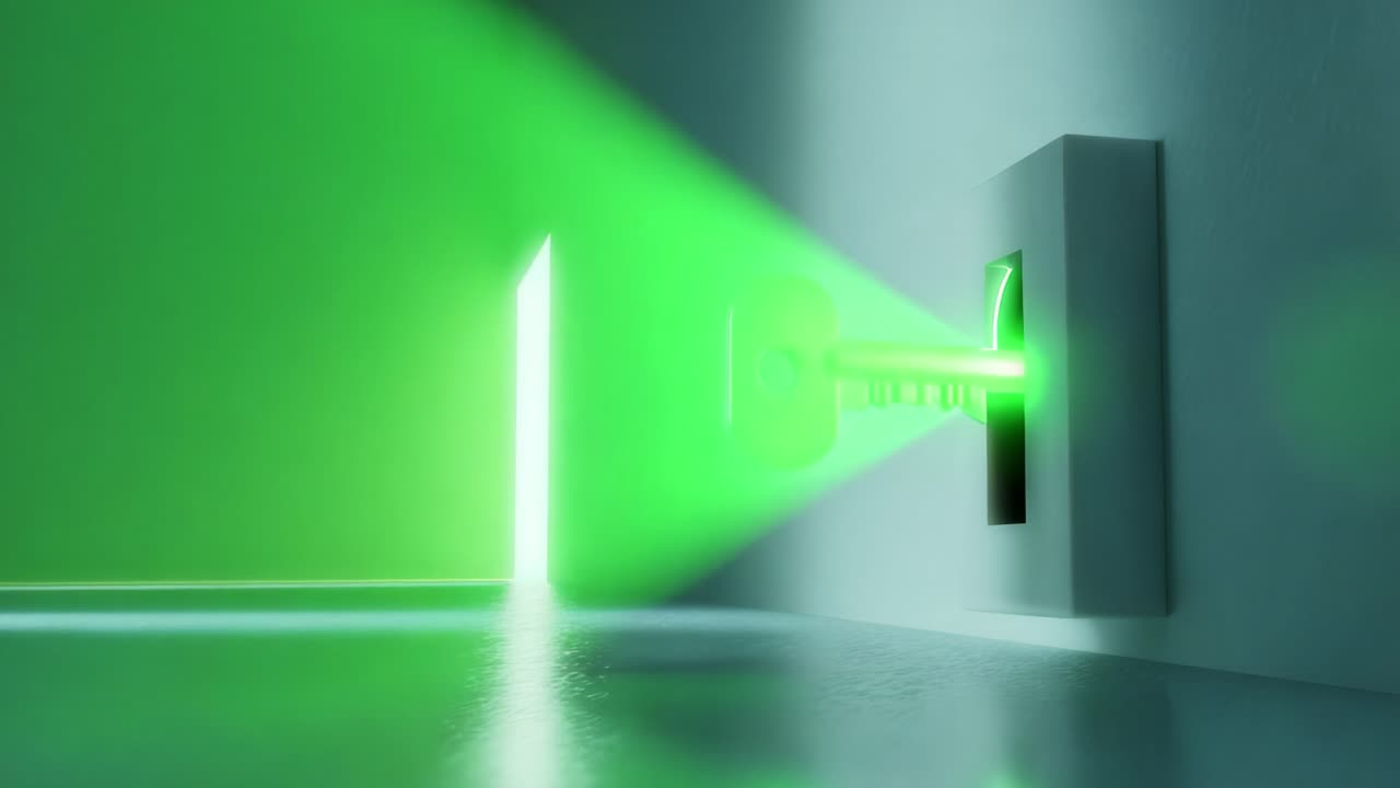 A Mystical Key Unlocks Potential: Exploring the Symbolism of Transformation Through Light and Green Energy Representations in an Enigmatic Environment