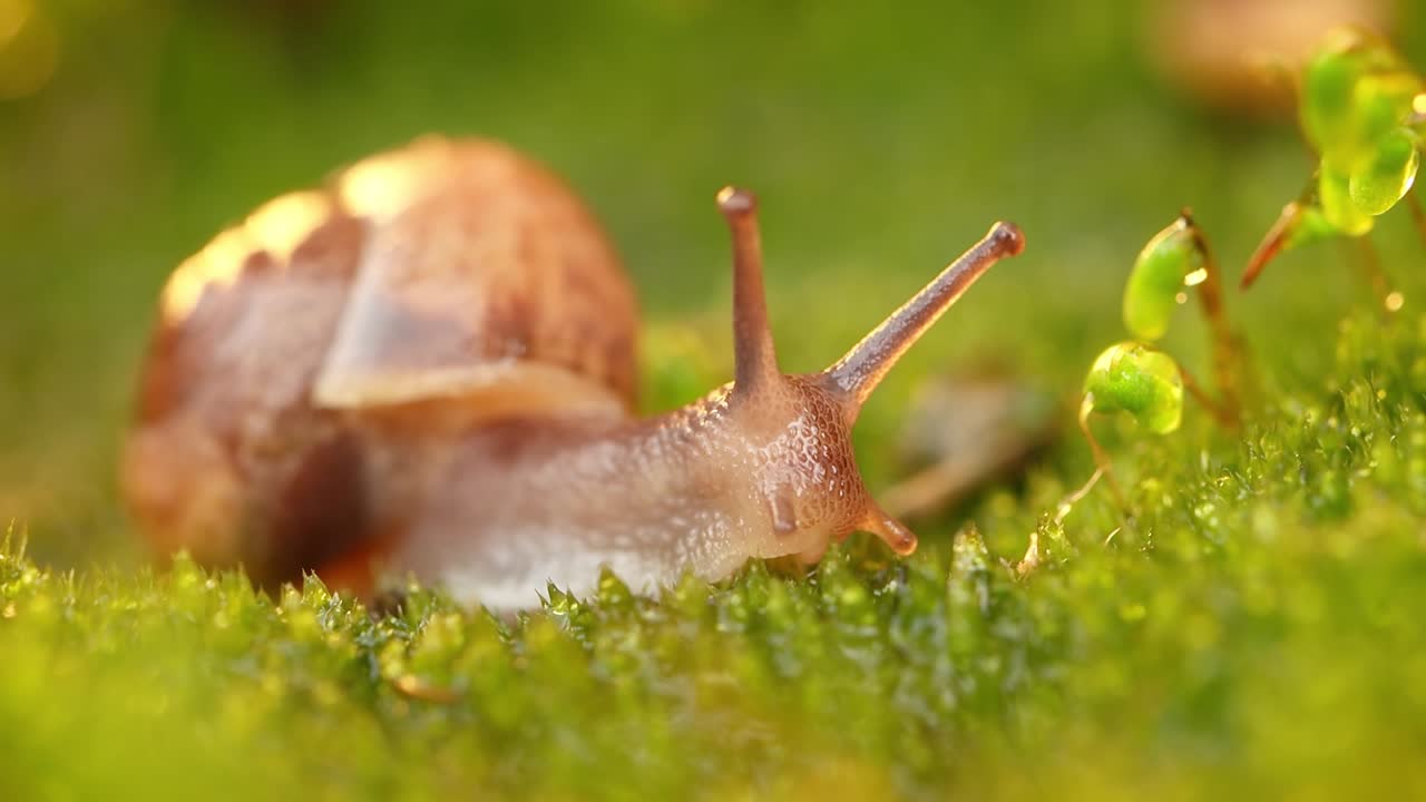 primer plano de un caracol que se arrastra lentamente en la luz del atardecer.